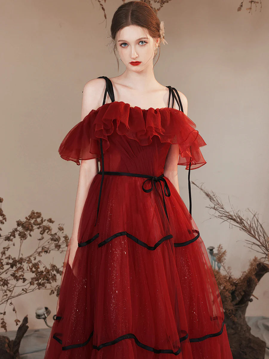 Burgundy Tulle Long Prom Dresses, Burgundy Off Shoulder Evening Party Dresses